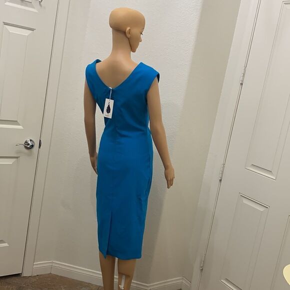 MUXXN Large Turquoise Blue  Asymmetrical Short Sleeve Midi Dress NEW SLIMMING - Picture 6 of 14